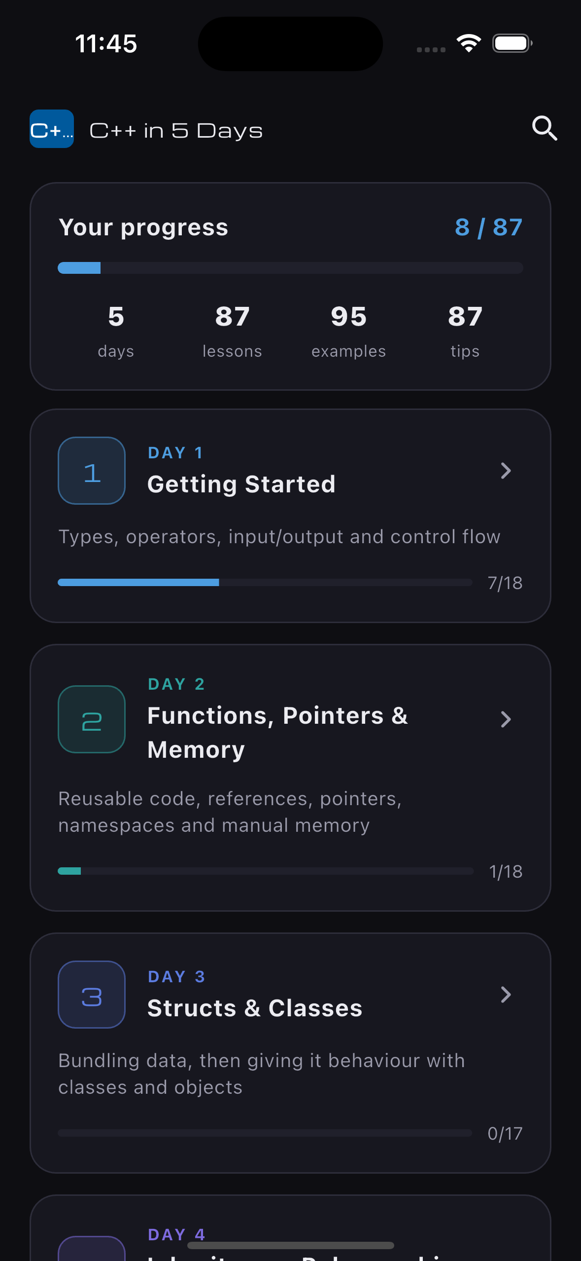 C++ in 5 Days — home screen
