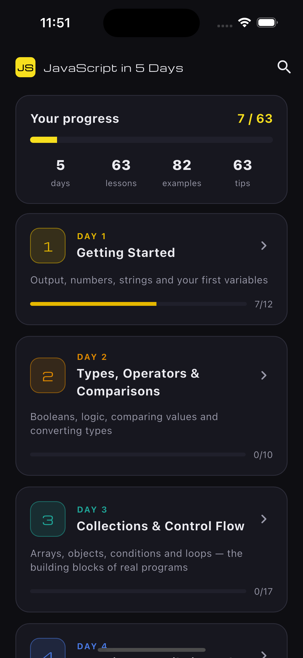 JavaScript in 5 Days — home screen