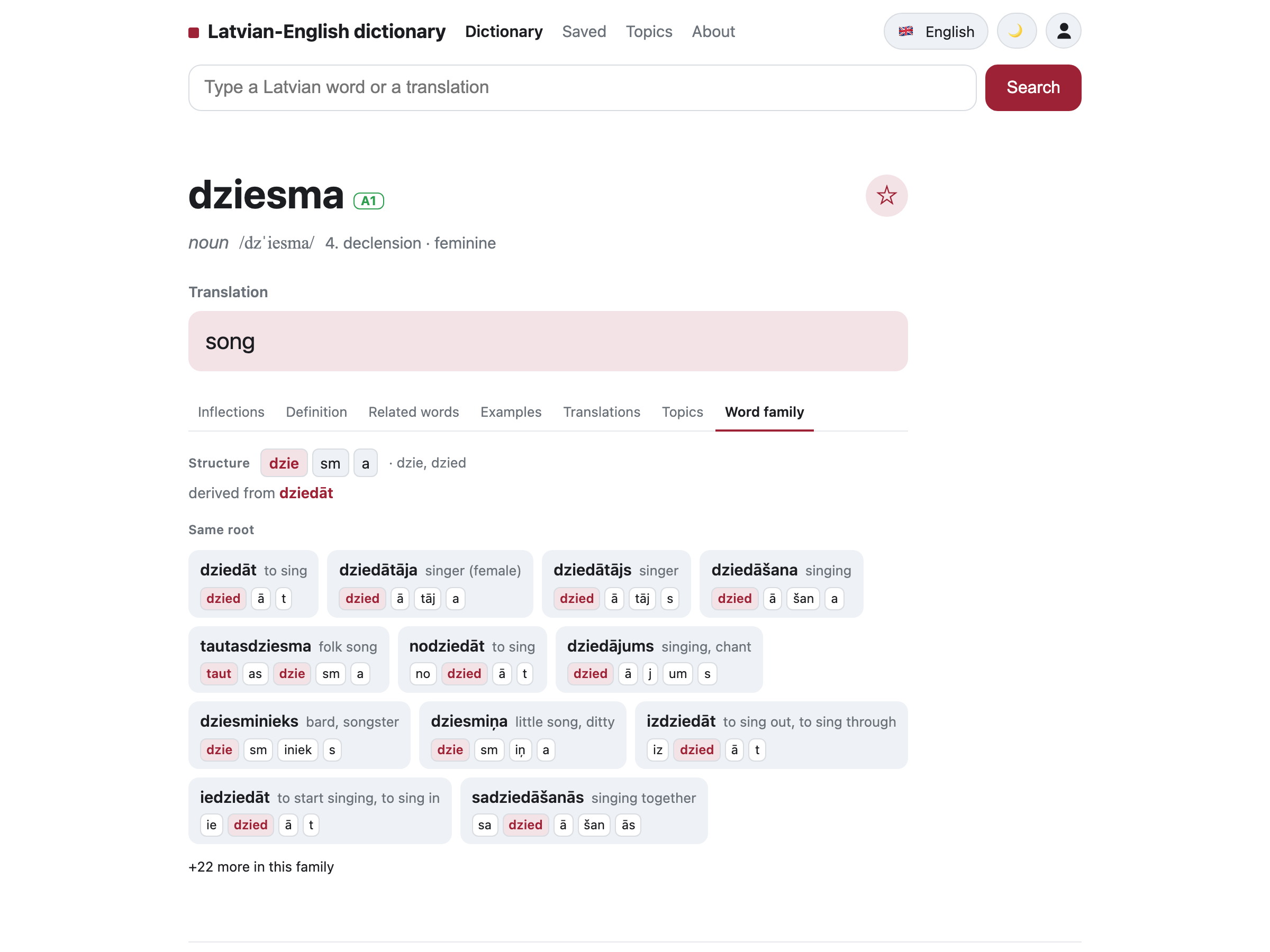 The Word family tab for dziesma — the word split into morphemes, and related words that share its root