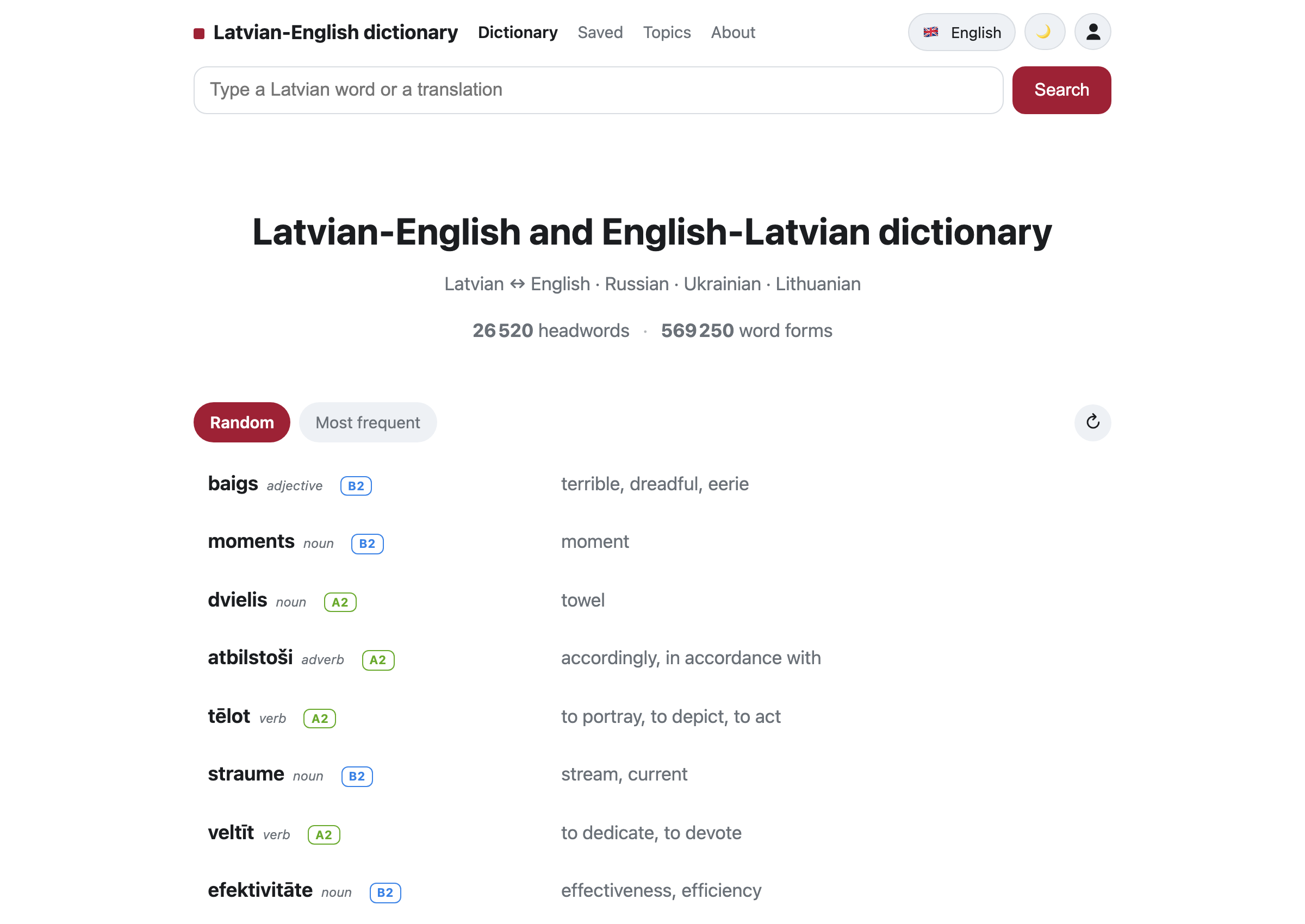 The dict.lv home page — a search box, the dictionary size, and a list of random Latvian words with their CEFR levels and English translations