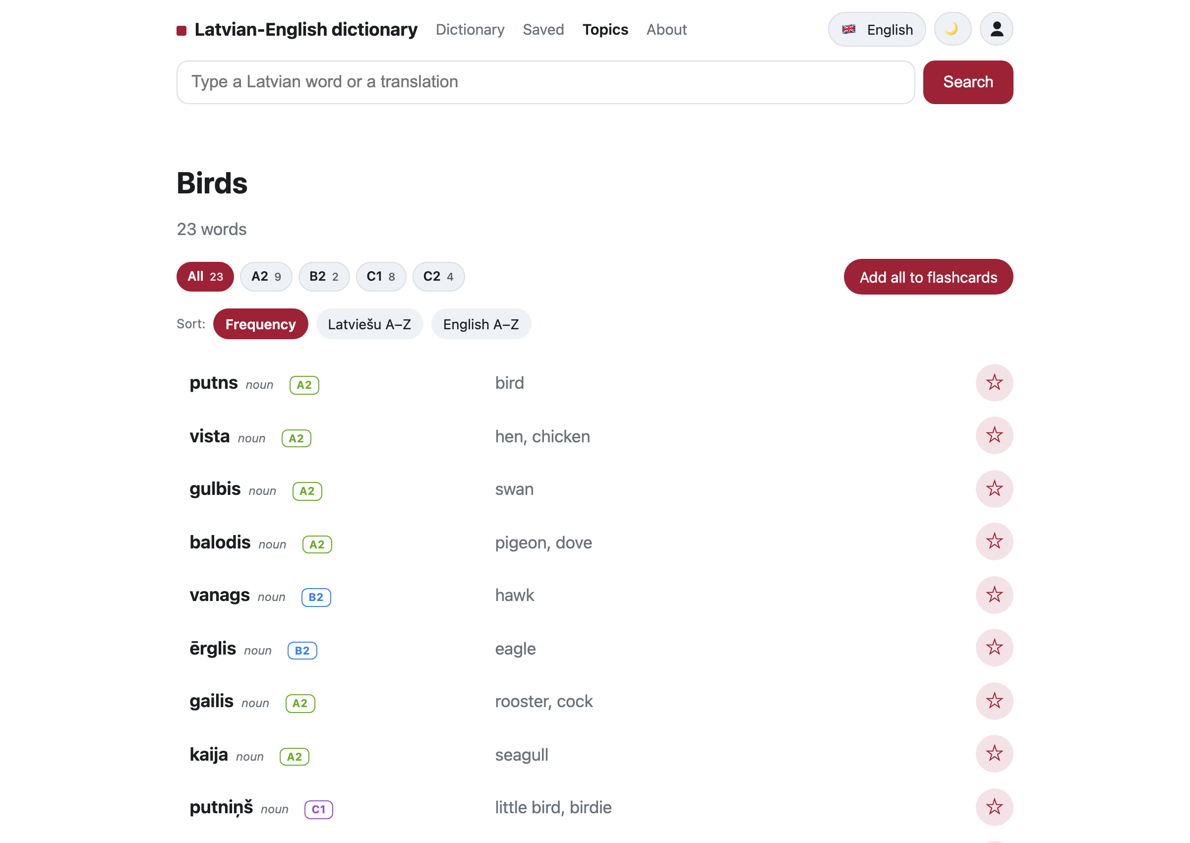 A dict.lv topic page — Birds — with CEFR level filters, sort options, an Add all to flashcards button and a list of words with stars