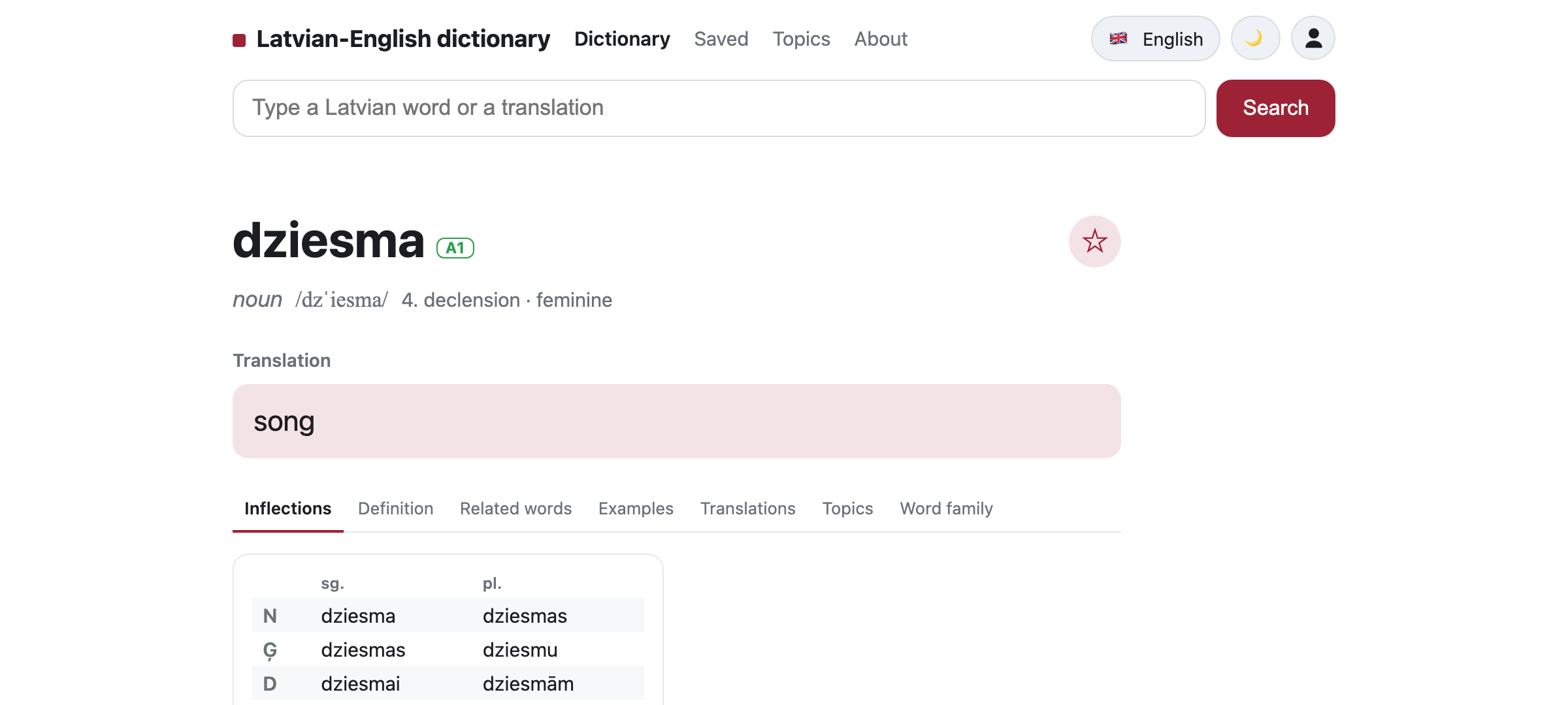 A dict.lv word page for dziesma (song) — CEFR level, IPA, declension class, translation and the declension table
