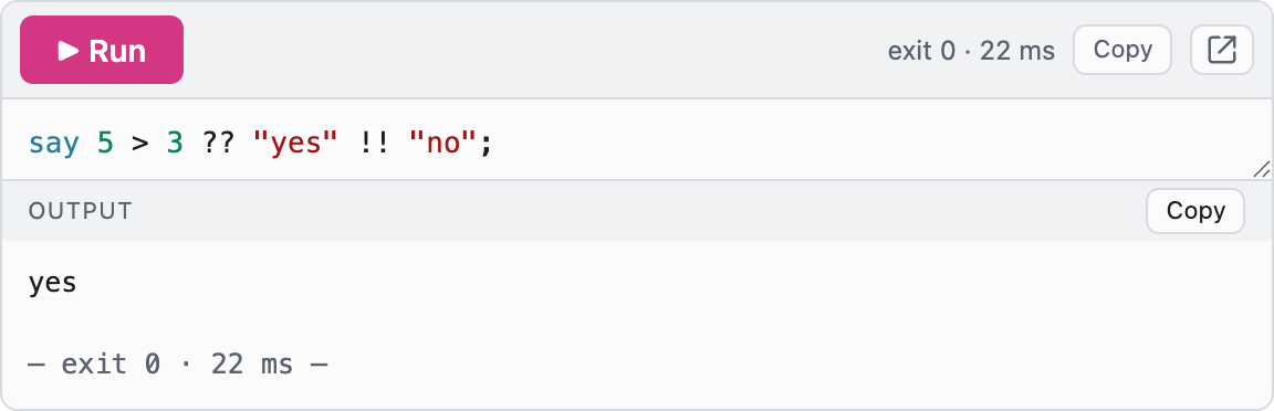 An embedded, runnable Raku code block showing the ternary operator and its output